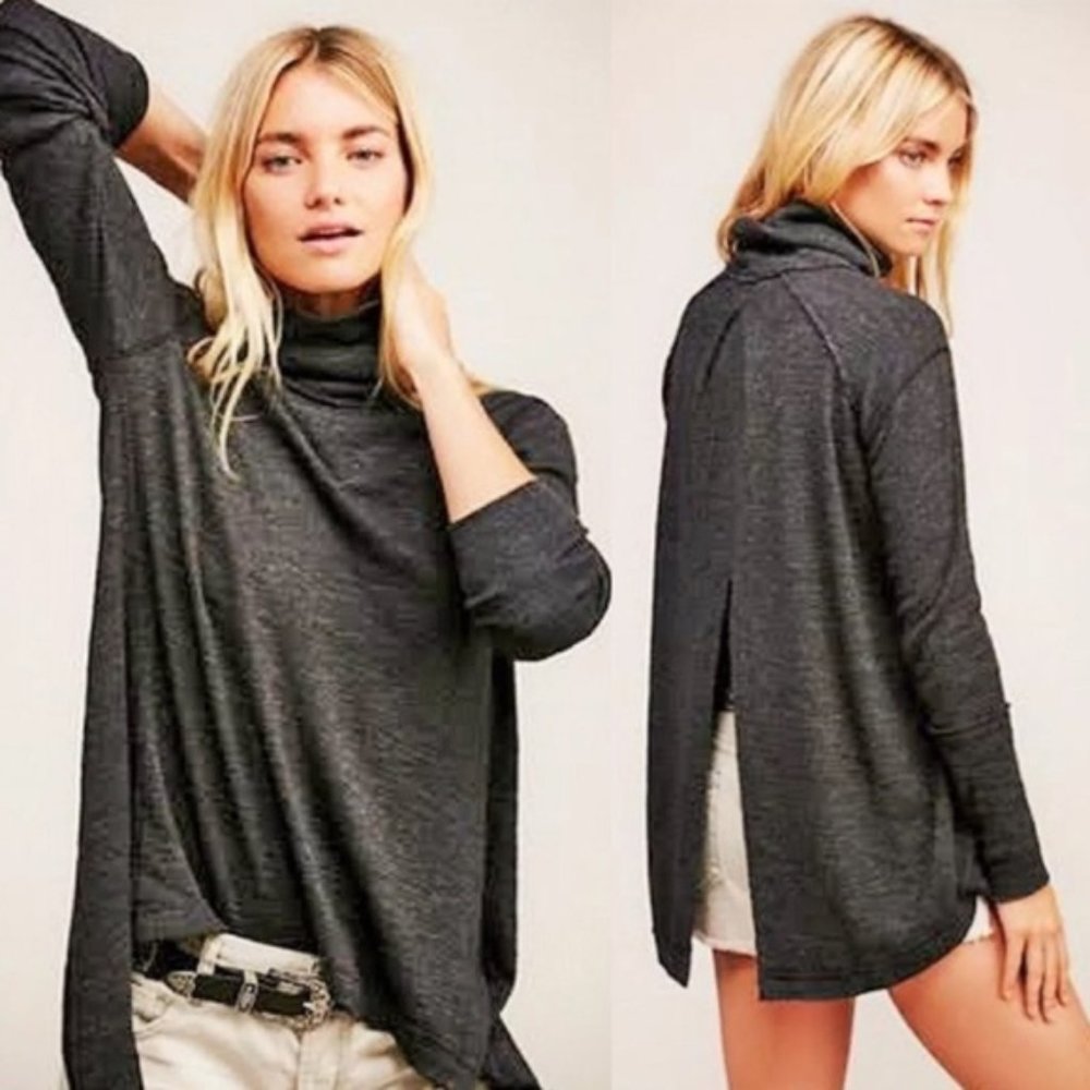 Free People We The Free Split Back Turtleneck Sweater XS Charcoal